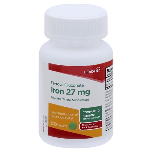Image for Leader Ferrous Gluconate, Iron 27 mg, Tablets,100ea from HomeTown Pharmacy - Belding
